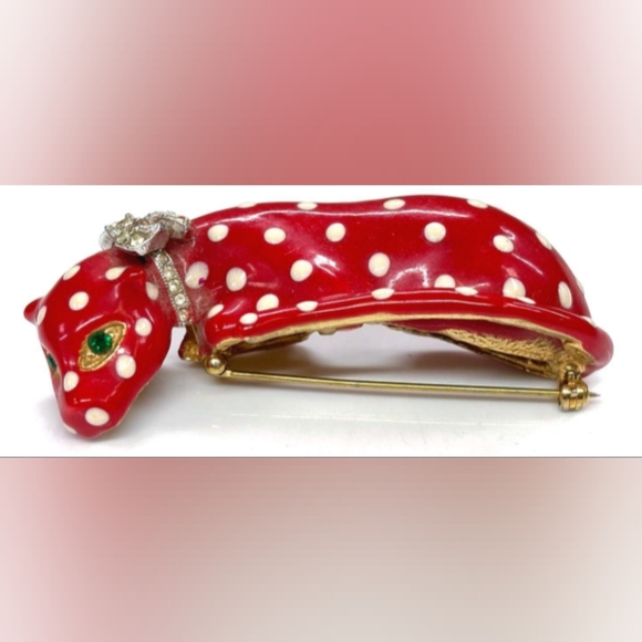 Kenneth Lane Enamel Crystal 1980's Red/White Polka Dot Leopard Signed VTG Brooch - Picture 1 of 16